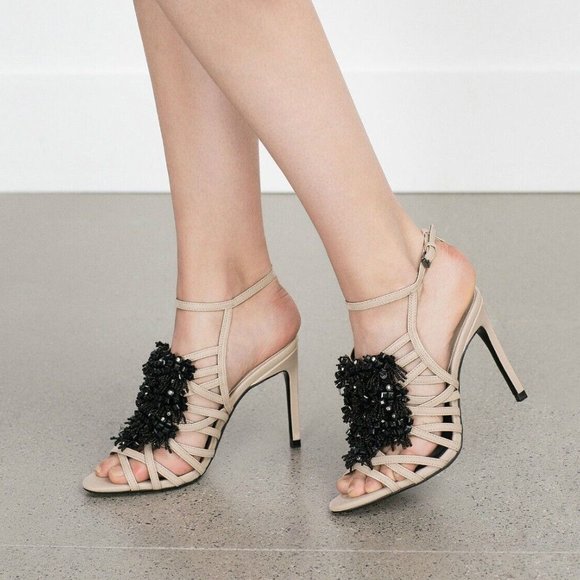New Zara High Heels Sandals 6 Ecru Pink Black Beads Crystal Strappy Heels NWT - Picture 1 of 12
